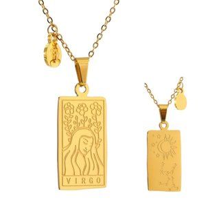 NEW 18K Gold Plated Virgo Sign Zodiac Tarot Card Square Pendant Necklace